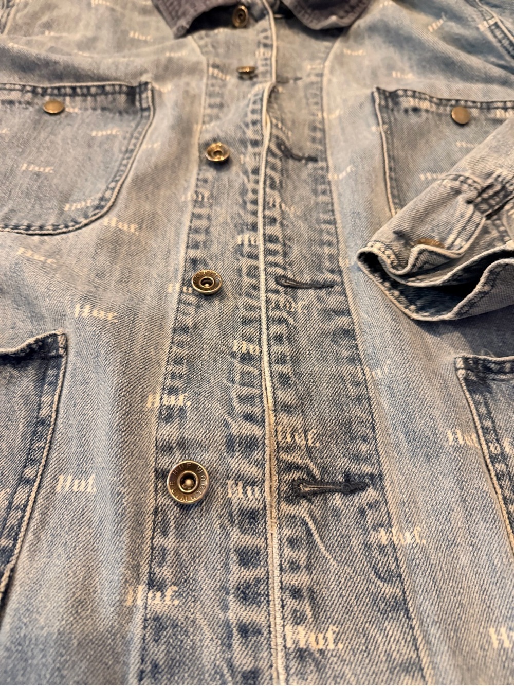HUF Denim Chore Jacket XL All Over Logo Print Button Front Workwear - Picture 2 of 8
